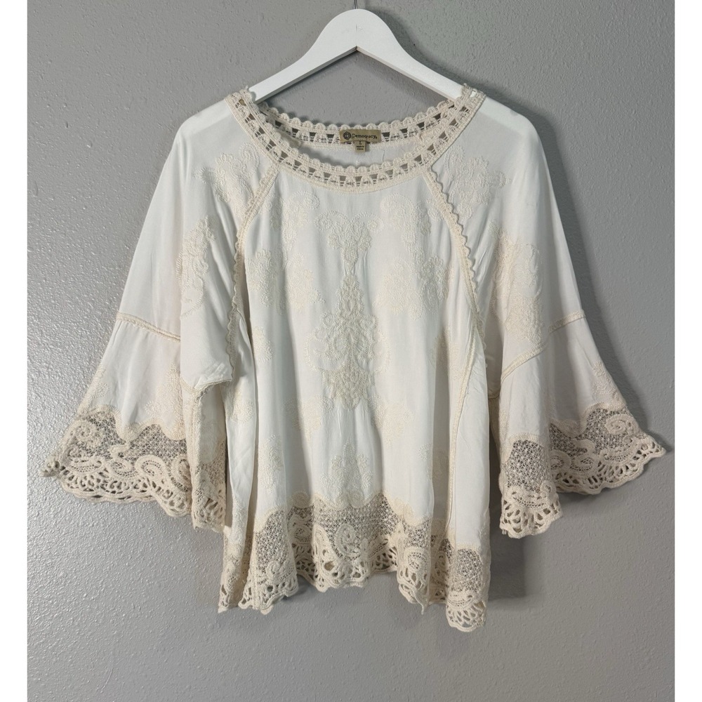 Democracy Embroidered Rayon Boho Peasant Top Crochet Lace Bell Sleeve L - Picture 2 of 10